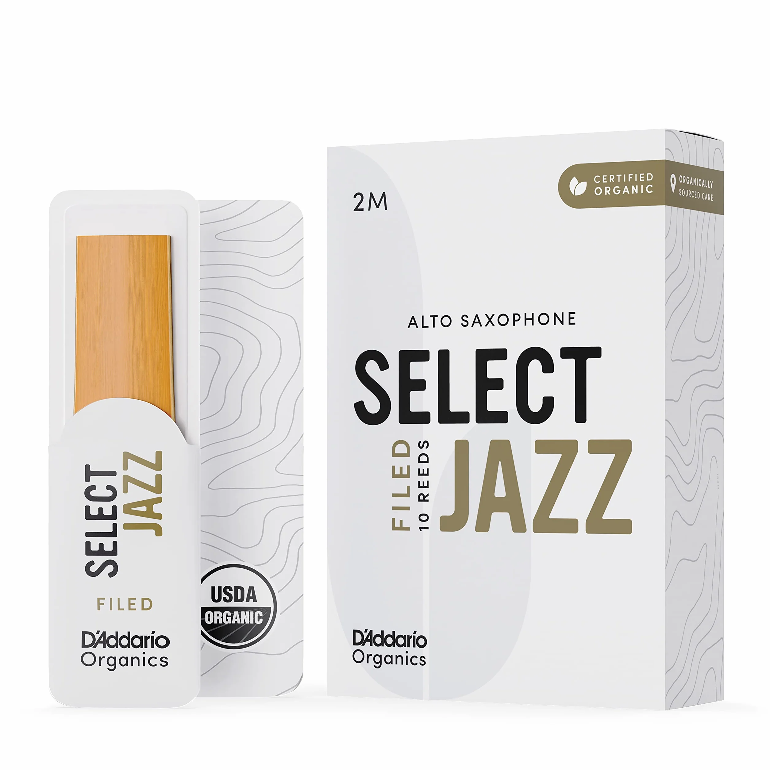 D'Addario Organic Select Jazz, stroiki do saksofonu altowego, wypełnione, średnio twarde, moc 2, 10-pak