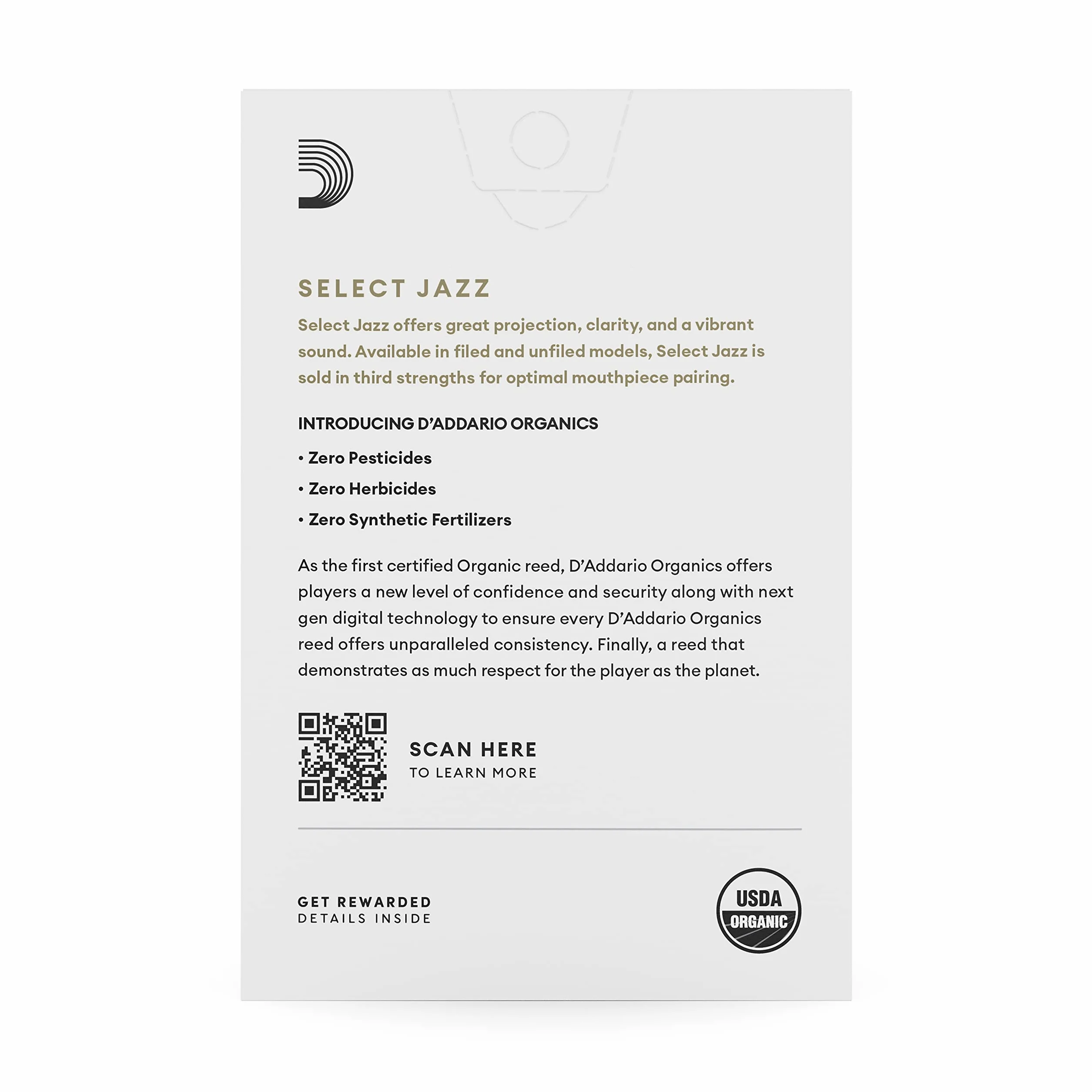D'Addario Organic Select Jazz, stroiki do saksofonu altowego, wypełnione, średnio twarde, moc 2, 10-pak