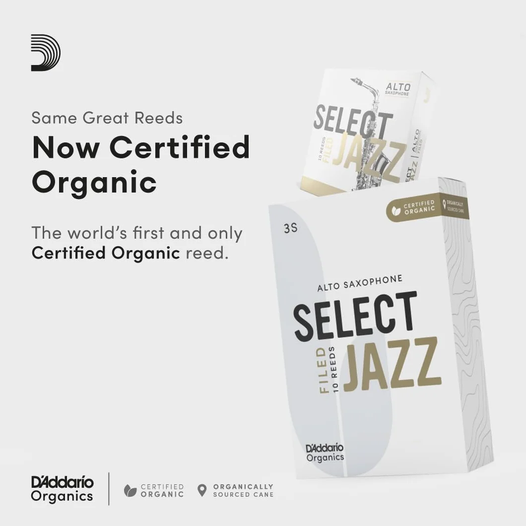 D'Addario Organic Select Jazz, stroiki do saksofonu altowego, wypełnione, średnio twarde, moc 2, 10-pak