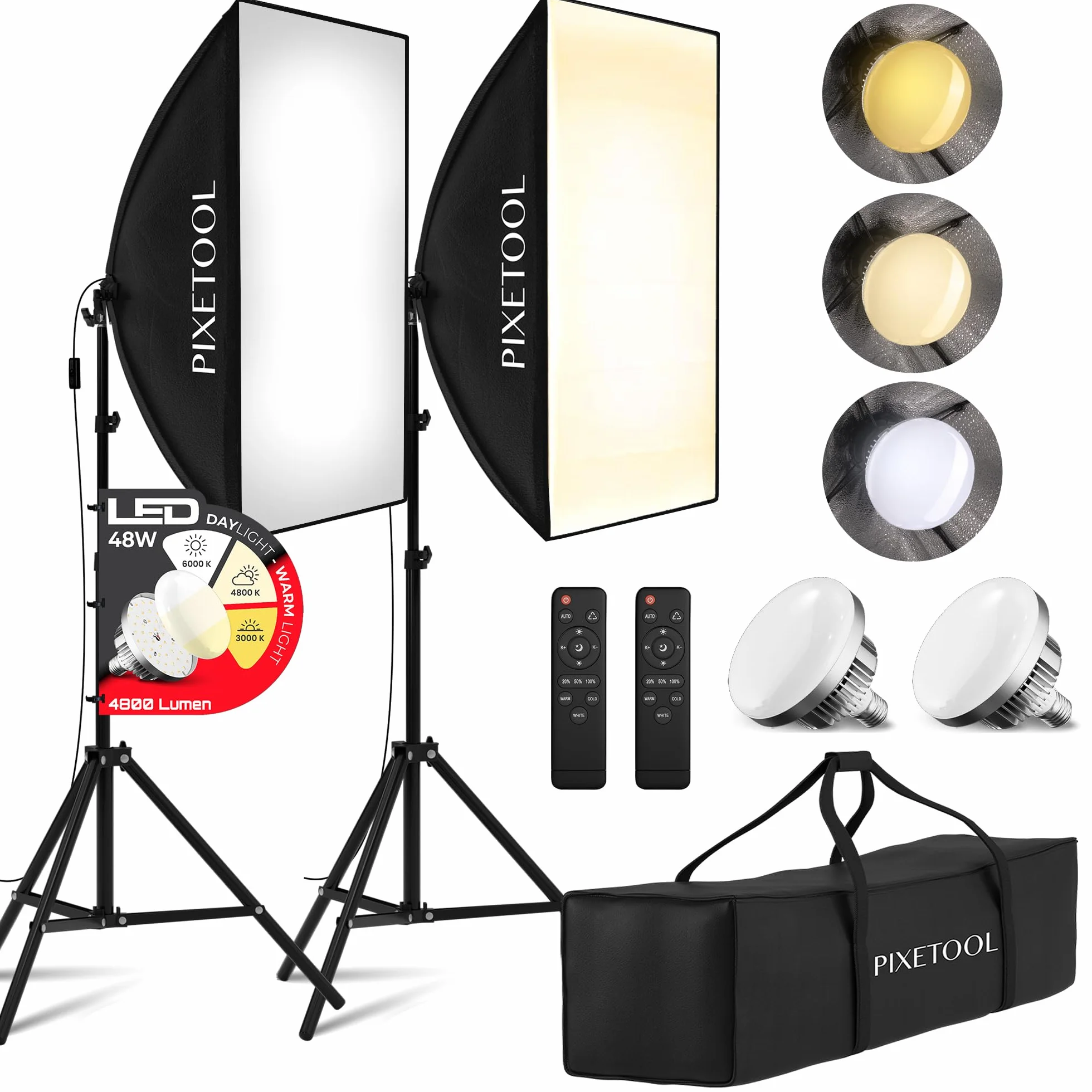 Zestaw 2x Softbox 70x50cm, 2x 4800 Lumenów LED Ściemniany 3000K-6000K, Lampa Softbox z Pilotem & Światła Fotograficznego, Zawiera 2x Statywy, 2x Lampy, 2x Reflektory